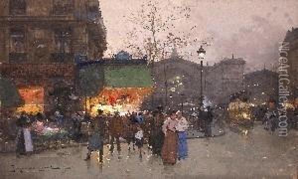 Le Bazar Pres De La Gare Del'est. Oil Painting - Eugene Galien-Laloue