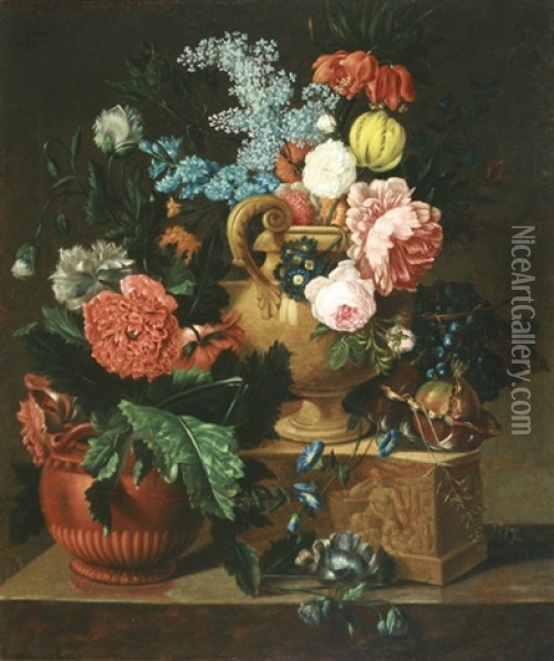 Still Life Of Urn And Flowers On A Marble Ledge Oil Painting - Georgius Jacobus Johannes van (the Younger) Os
