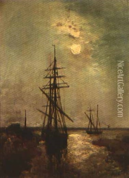A Moonlit Harbor Oil Painting - Johan Barthold Jongkind
