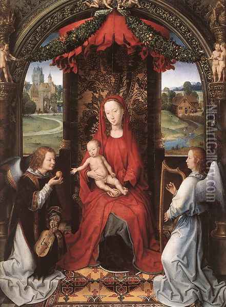 Madonna Enthroned with Child and Two Angels 1490-91 Oil Painting - Hans Memling