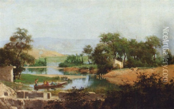 An Italianate River Landscape With Figures Boating Before Ruins Oil Painting - Eugene Ferdinand Buttura
