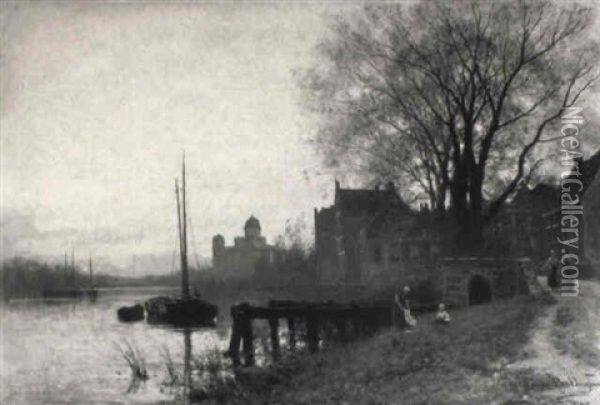 A View Of Leyden Along The River Oude Rijn With An Observatory Oil Painting - Julius Jacobus Van De Sande Bakhuyzen