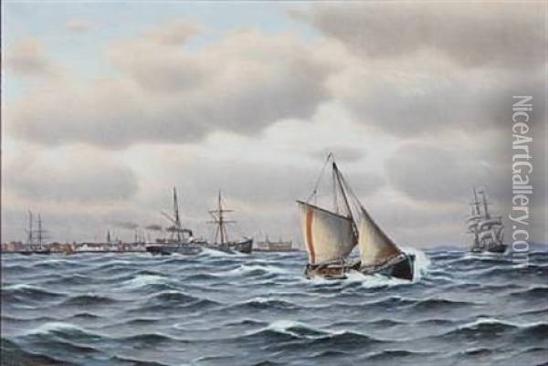 Seascape With Sailing Ships And Boats In High Waves, In The Background Kronborg Castle Oil Painting - Johan Jens Neumann