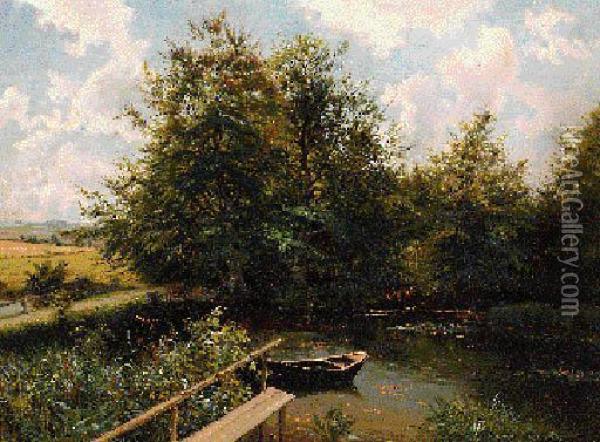 A Rowing Boat In A Wooded River Landscape Oil Painting - Carl Milton Jensen