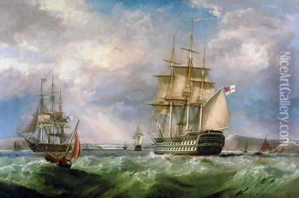 British Men-O'-War Sailing into Cork Harbour Oil Painting - George Mounsey Wheatley Atkinson