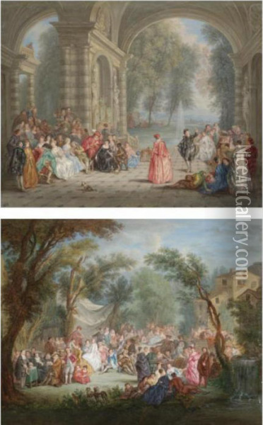 A Palace Loggia With Figures Dancing; A Wedding Ceremony In A Wooded Landscape Oil Painting - Watteau, Jean Antoine