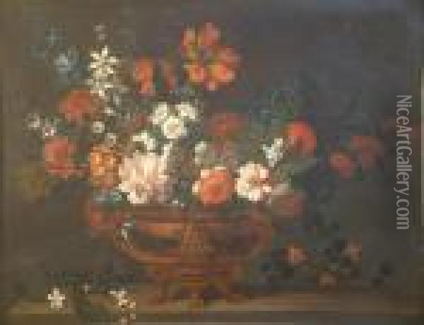 French Oil On Canvas Still Life Of Flowers In A Brass Urn, On A Ledge 30 X 39in Oil Painting - Jean-Baptiste Monnoyer