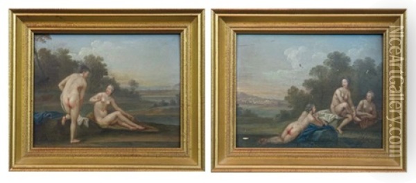 Deux Baigneuses Dans Un Paysage (+ Groupe De Trois Baigneuses Au Bord D'une Riviere; Pair) Oil Painting - Jacques Sebastien Le Clerc