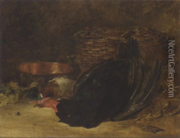 A Turkey, Mallard, Copper Pot And Wicker Basket Oil Painting - James Hardy Jr.