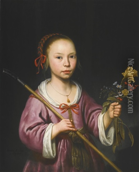 Portrait Of A Young Girl As A Shepherdess, Holding A Sprig Of Flowers Oil Painting - Aelbert Cuyp