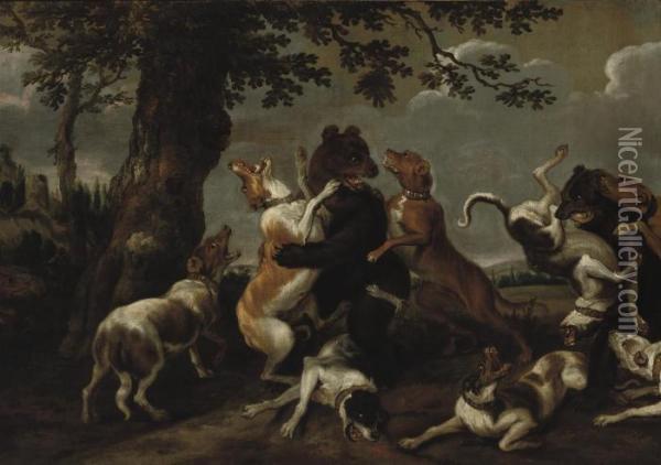 Hounds Fighting Bears In A Wooded Landscape Oil Painting - Frans Snyders