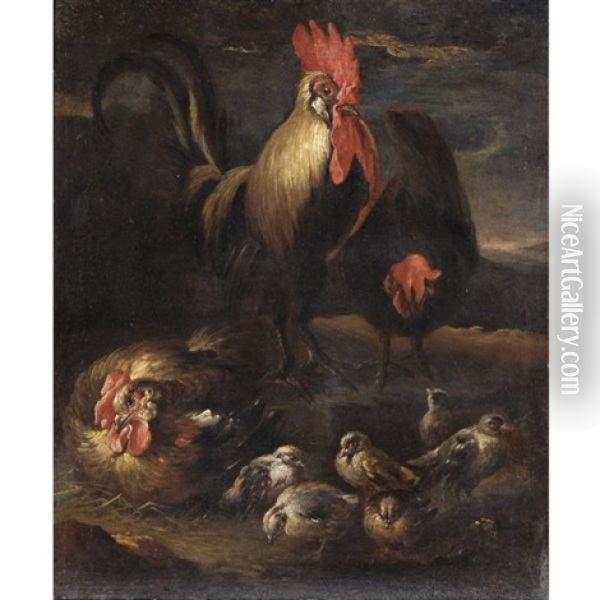 Un Gallo Con Gallina E Pulcini Oil Painting - Felice Boselli
