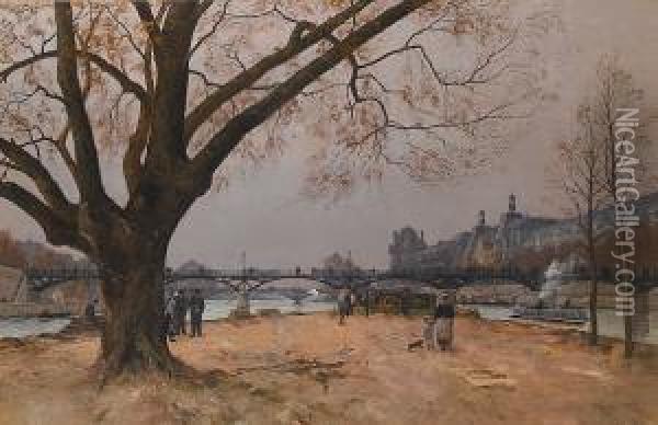 Le Pont Des Arts Et Le Musee Du Louvre, Paris Oil Painting - Henri Linguet
