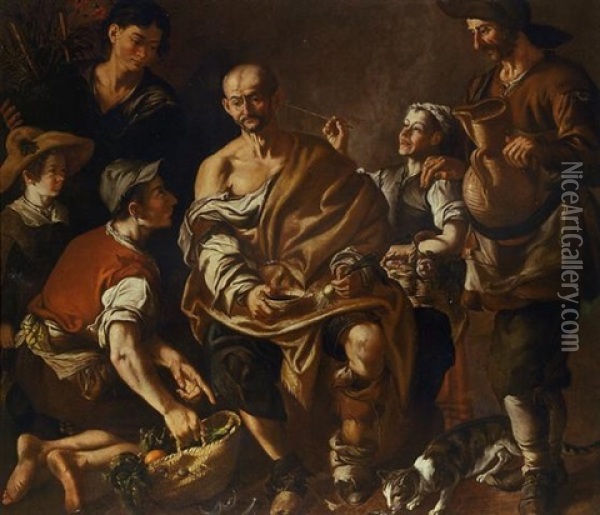 Peasants Mocking An Old Man Oil Painting - Miguel March
