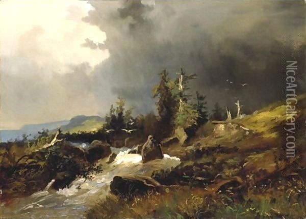 A Stream Running Through An Mountainous Landscape Oil Painting - Alexandre Calame