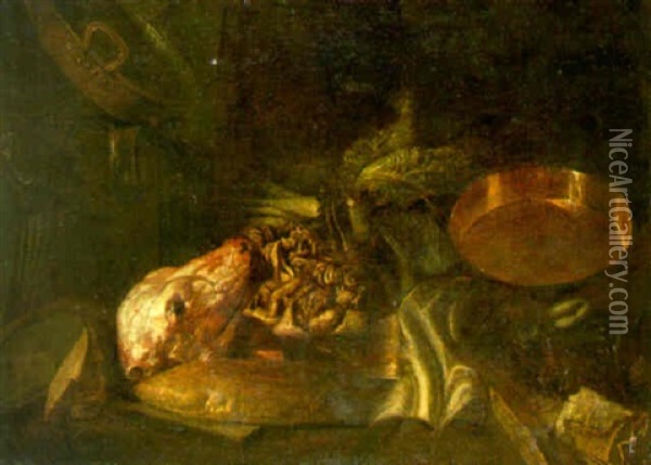 A Still Life Of A Flayed Calf's Head, Intestines And A Savoy Cabbage Oil Painting - Felice Boselli