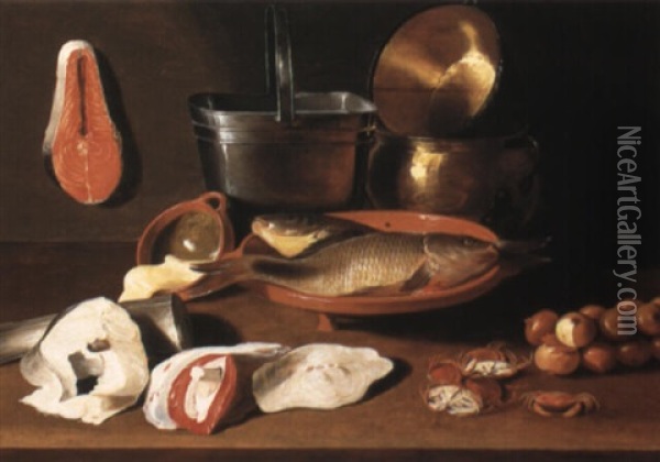 Still Life Of Fish, Earthenware Bowls, Copper Pots, A Bucket And Onions Oil Painting - Jacob Fopsen van Es
