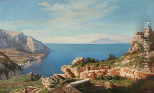 Landscape From Italy With View Of A Bay Oil Painting - Eiler Rasmussen Eilersen