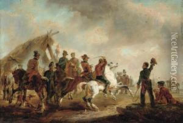 'carrera Cuadrera' -- Campamento Militar Cerca De Montevideo (1845) Oil Painting - Johann Moritz Rugendas