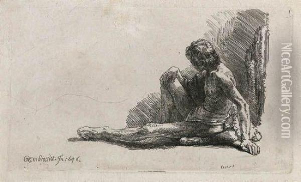 Nude Man Seated On The Ground With One Leg Extended Oil Painting - Rembrandt Van Rijn