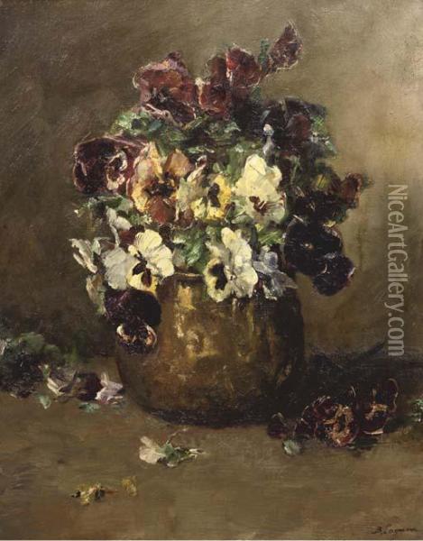 Violets In A Copper Pot Oil Painting - Baruch Lopez De Leao Laguna