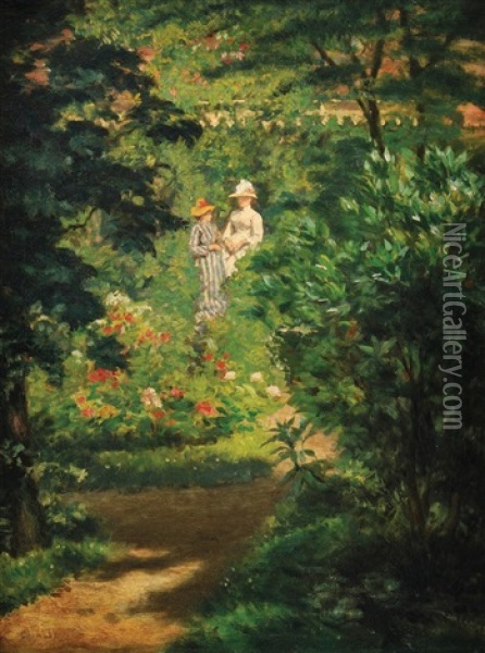 Deux Elegantes Dans Un Jardin Fleuri Oil Painting - Pieter Willem Sebes