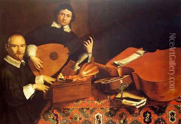 Self-Portrait with Musical Instruments Oil Painting - Evaristo Baschenis
