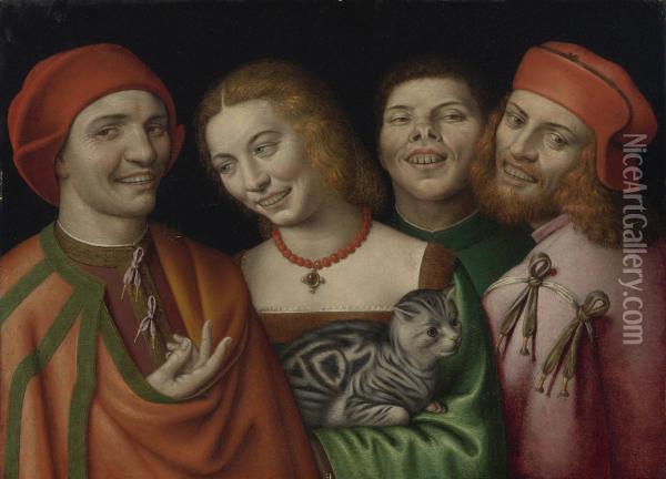 Three Men With A Woman Holding A Cat Oil Painting - Gian Paolo Lomazzo