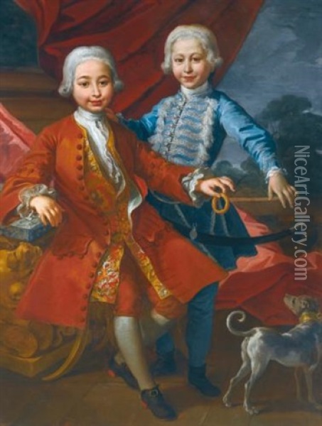 A Portrait Of Two Elegantly Dressed Boys In An Interior Playing With A Dog Oil Painting - Carlo Amalfi