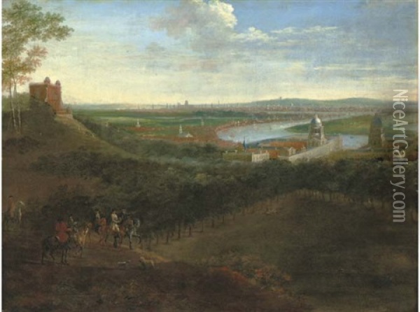 View Of Greenwich From One Tree Hill With Horsemen In The Foreground Oil Painting - Robert Griffier