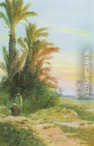 Bedouins In An Oasis Oil Painting - Otto Pilny
