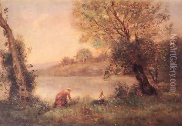 Ville-D'avray - Paysanne Et Son Enfant Entre Deux Arbres Au Bord De L'etang Oil Painting - Jean-Baptiste-Camille Corot