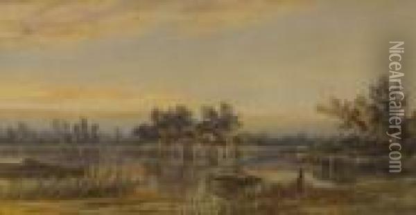 Broads Scene At Sunset Oil Painting - Stephen John Batchelder