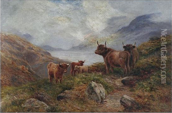 Highland Cattle Before A Loch Landscape Oil Painting - Ernst Walbourn