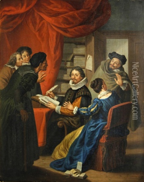 At The Lawyer's Office; A Consultation Oil Painting - Jan Josef Horemans the Younger