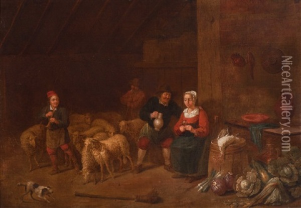 Merry Company Of Farmers In The Stable Oil Painting - Jan Nollekens