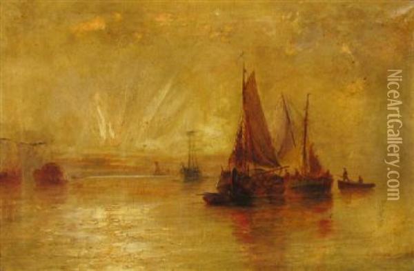 Sailboats At Dusk Oil Painting - Edwin Fletcher