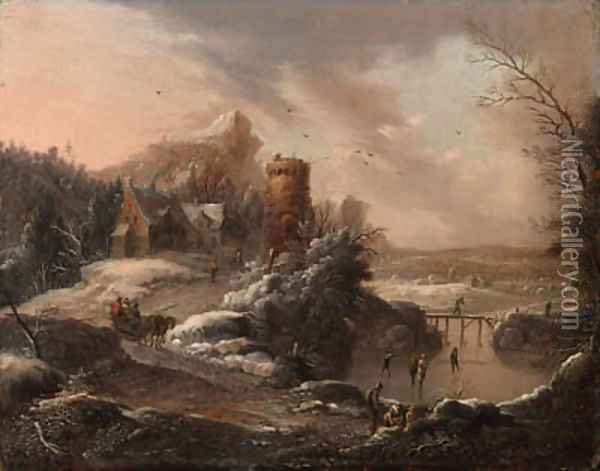 A winter landscape with travellers on a path and skaters on a river, a town and houses nearby Oil Painting - Johann Christian Vollerdt or Vollaert