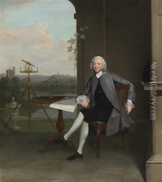 Portrait Of Jonas Hanway, Seated At A Table Beside A Surveyor's Theodolite And A Classical Urn, Overlooking A Landscape Oil Painting - Arthur Devis