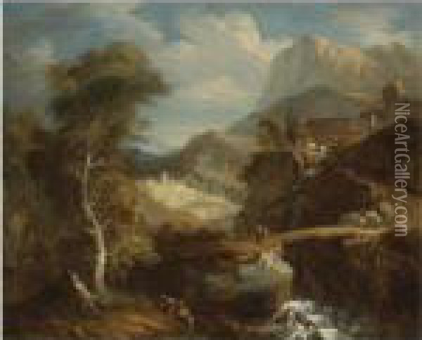 Extensive Mountainous Landscape With Travelers Crossing A Ravine Oil Painting - Francois Lemoine (see Lemoyne)