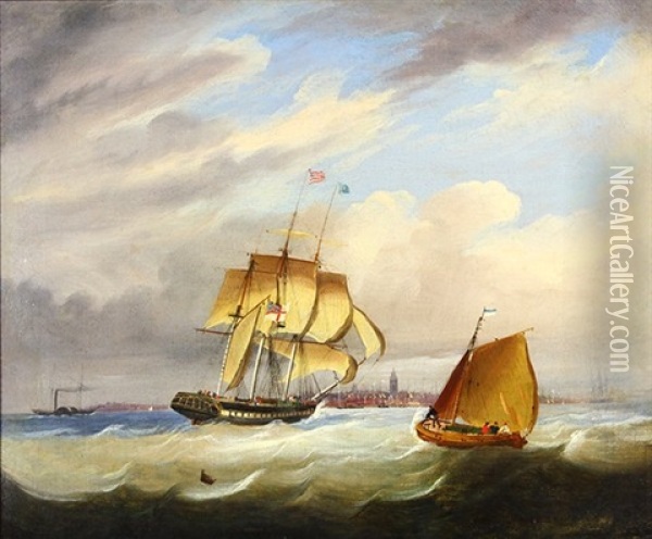 Ships Under Sail (2 Works) Oil Painting - Frederick Calvert