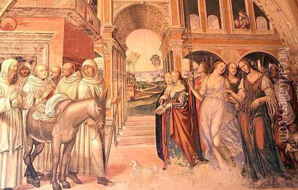 Florent sends loose women to the monastery, from the Life of St. Benedict, 1497-98 Oil Painting - L. & Sodoma Signorelli
