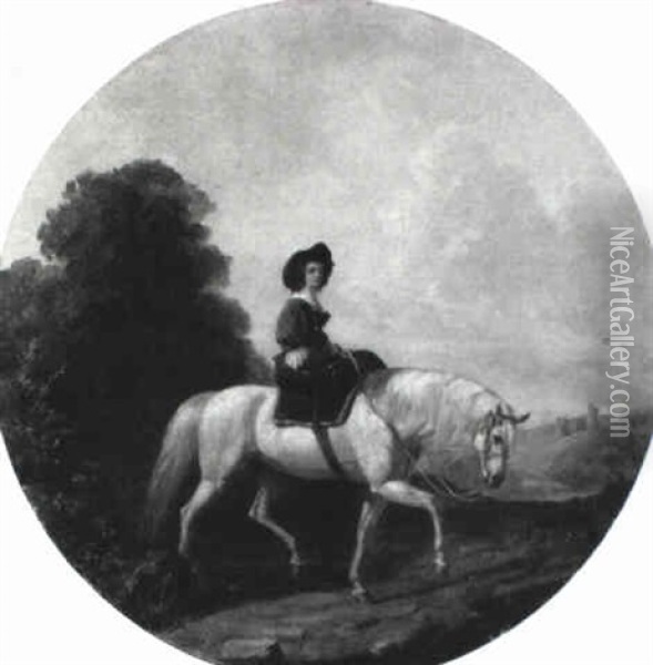 A Lady On Horseback In An Extensive Landscape, With A Castle Beyond Oil Painting - James William Glass