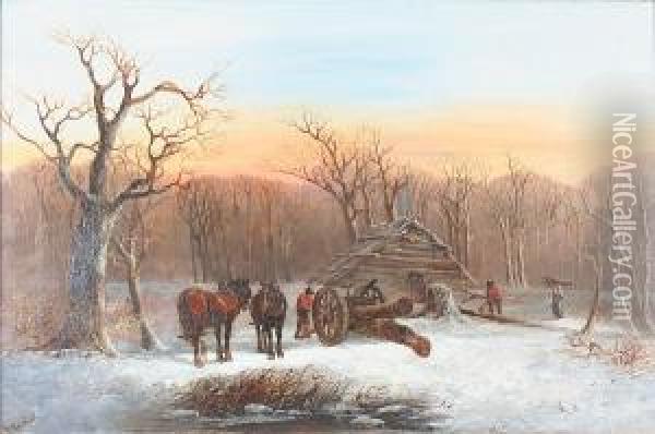Woodcutters And Horses In A Winter Landscape Oil Painting - Harden Sidney Melville