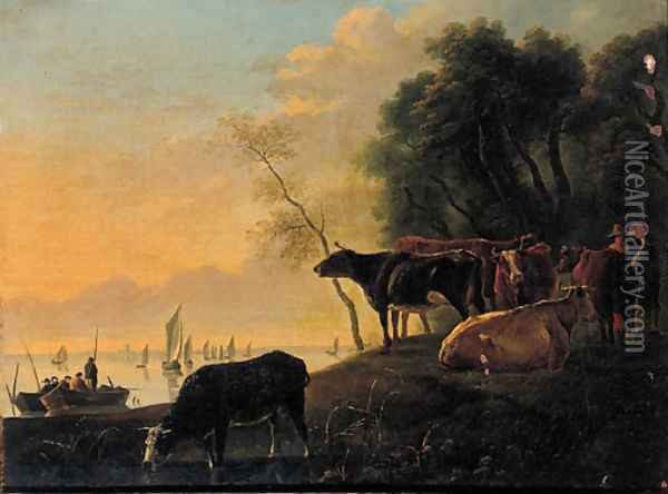 Cowherds and cattle on a riverbank on a summer's day Oil Painting - Aelbert Cuyp