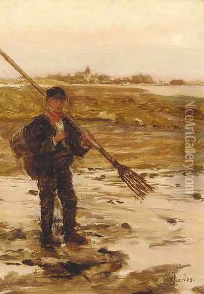 A fisherman on the shore with a town beyond Oil Painting - James Charles