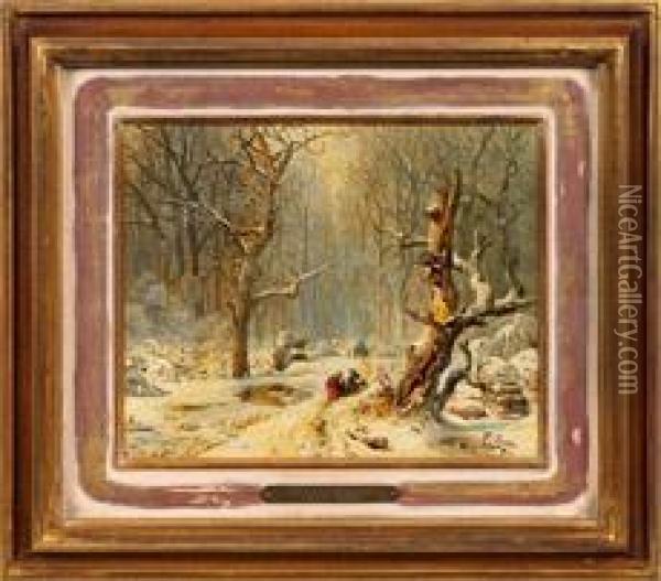 Verschneiter Winterwaldmit Figuren Auf Einem Weg Oil Painting - Carl Hilgers