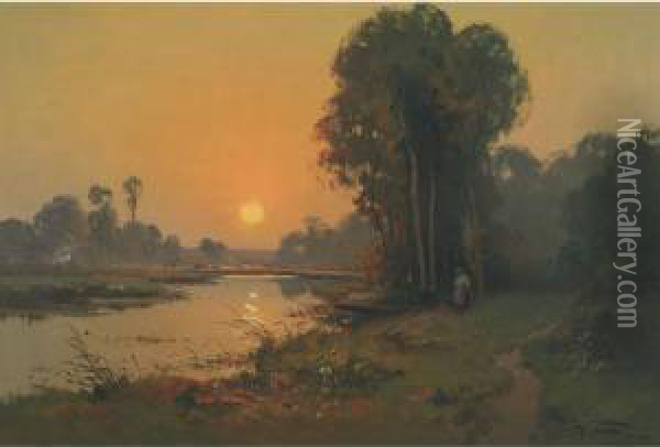 Romantic Spot By The River, Evening Oil Painting - William Henry Vernon