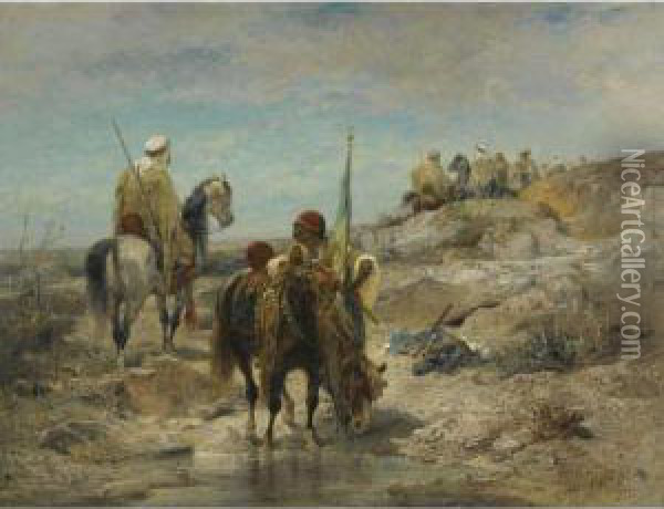 Riders At A Watering Hole Oil Painting - Adolf Schreyer