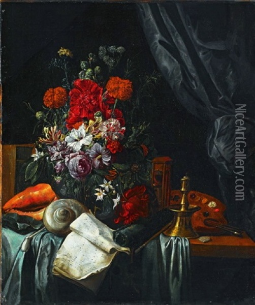 Stillleben Mit Blumenbouquet, Muscheln, Pfeife, Sanduhr, Malerpalette Und Kerze Oil Painting - Maria van Oosterwyck